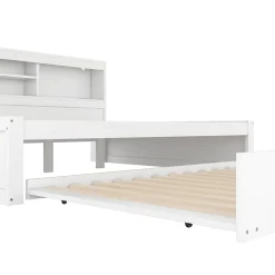 Lit gigogne 140x200 cm double avec tiroir coulissant, LED télécommandée, ports USB, prise électrique et rangement - blanc