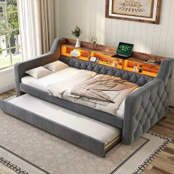 Lit Gigogne 90x190 cm Gris avec Rangement Intégré, LED et Port USB, Tissu Velours