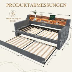 Lit Gigogne 90x190 cm Gris avec Rangement Intégré, LED et Port USB, Tissu Velours