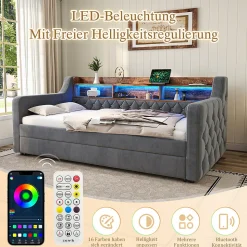 Lit Gigogne 90x190 cm Gris avec Rangement Intégré, LED et Port USB, Tissu Velours