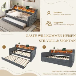 Lit Gigogne 90x190 cm Gris avec Rangement Intégré, LED et Port USB, Tissu Velours