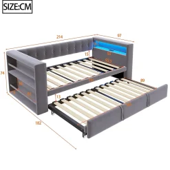 Lit Gigogne 90/180x190 cm, LED et Prise Électrique - Lit Simple avec Bureau Escamotable et Rangement - Gris Foncé - Sans Matelas