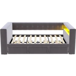 Lit Gigogne 90/180x190 cm, LED et Prise Électrique - Lit Simple avec Bureau Escamotable et Rangement - Gris Foncé - Sans Matelas