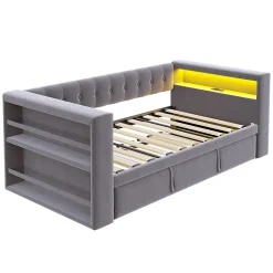 Lit Gigogne 90/180x190 cm, LED et Prise Électrique - Lit Simple avec Bureau Escamotable et Rangement - Gris Foncé - Sans Matelas