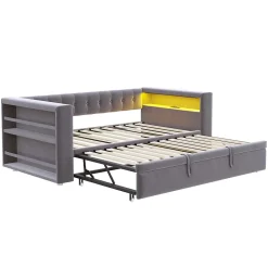 Lit Gigogne 90/180x190 cm, LED et Prise Électrique - Lit Simple avec Bureau Escamotable et Rangement - Gris Foncé - Sans Matelas