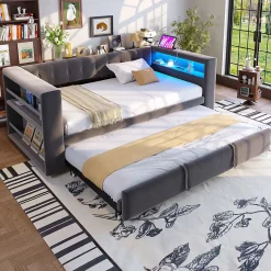 Lit Gigogne 90/180x190 cm, LED et Prise Électrique - Lit Simple avec Bureau Escamotable et Rangement - Gris Foncé - Sans Matelas