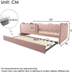 Lit Gigogne 90x190 cm, Lit Enfant Banquette avec Lit Tiroir et Sommier à Lattes, Design Moderne, Revêtement Velours Rose