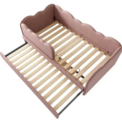 Lit Gigogne 90x190 cm, Lit Enfant Banquette avec Lit Tiroir et Sommier à Lattes, Design Moderne, Revêtement Velours Rose