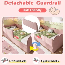 Lit Gigogne 90x190 cm, Lit Enfant Banquette avec Lit Tiroir et Sommier à Lattes, Design Moderne, Revêtement Velours Rose