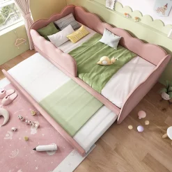 Lit Gigogne 90x190 cm, Lit Enfant Banquette avec Lit Tiroir et Sommier à Lattes, Design Moderne, Revêtement Velours Rose