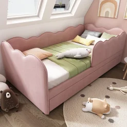 Lit Gigogne 90x190 cm, Lit Enfant Banquette avec Lit Tiroir et Sommier à Lattes, Design Moderne, Revêtement Velours Rose