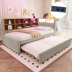 Lit Gigogne 90x200 cm, Lit Enfant avec Port USB et Rangements Intégrés, Éclairage LED Intégré, Tissu Gris Clair - Sans Matelas