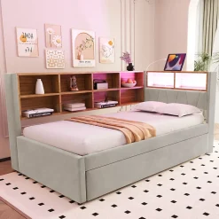 Lit Gigogne 90x200 cm, Lit Enfant avec Port USB et Rangements Intégrés, Éclairage LED Intégré, Tissu Gris Clair - Sans Matelas