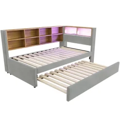 Lit Gigogne 90x200 cm, Lit Enfant avec Port USB et Rangements Intégrés, Éclairage LED Intégré, Tissu Gris Clair - Sans Matelas