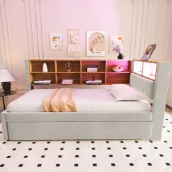 Lit Gigogne 90x200 cm, Lit Enfant avec Port USB et Rangements Intégrés, Éclairage LED Intégré, Tissu Gris Clair - Sans Matelas