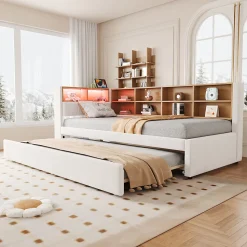 Lit Gigogne 90x200 cm, Lit Simple avec LED et Rangement Coulissant, Pratique pour Chambre enfant ou Ado - Sans Matelas - Beige