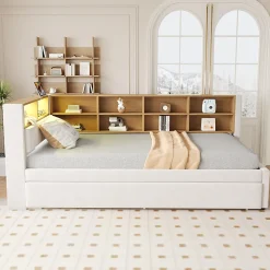 Lit Gigogne 90x200 cm, Lit Simple avec LED et Rangement Coulissant, Pratique pour Chambre enfant ou Ado - Sans Matelas - Beige