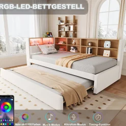 Lit Gigogne 90x200 cm, Lit Simple avec LED et Rangement Coulissant, Pratique pour Chambre enfant ou Ado - Sans Matelas - Beige