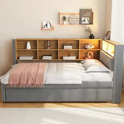 Lit Gigogne 90x200 cm, Lit Simple enfant avec Port USB et Rangements Intégrés - Tissu Gris Foncé - Sans Matelas