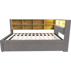 Lit Gigogne 90x200 cm, Lit Simple enfant avec Port USB et Rangements Intégrés - Tissu Gris Foncé - Sans Matelas