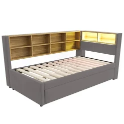 Lit Gigogne 90x200 cm, Lit Simple enfant avec Port USB et Rangements Intégrés - Tissu Gris Foncé - Sans Matelas