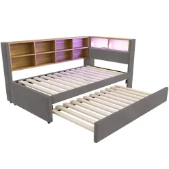 Lit Gigogne 90x200 cm, Lit Simple enfant avec Port USB et Rangements Intégrés - Tissu Gris Foncé - Sans Matelas