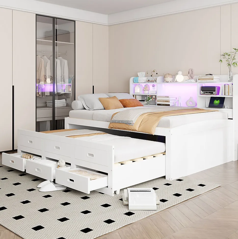 Lit Gigogne 140x200 cm, Lit Tiroir et 3 Tiroirs Multifonction avec LED Télécommande et Ports USB Type-C - Blanc, Sans Matelas