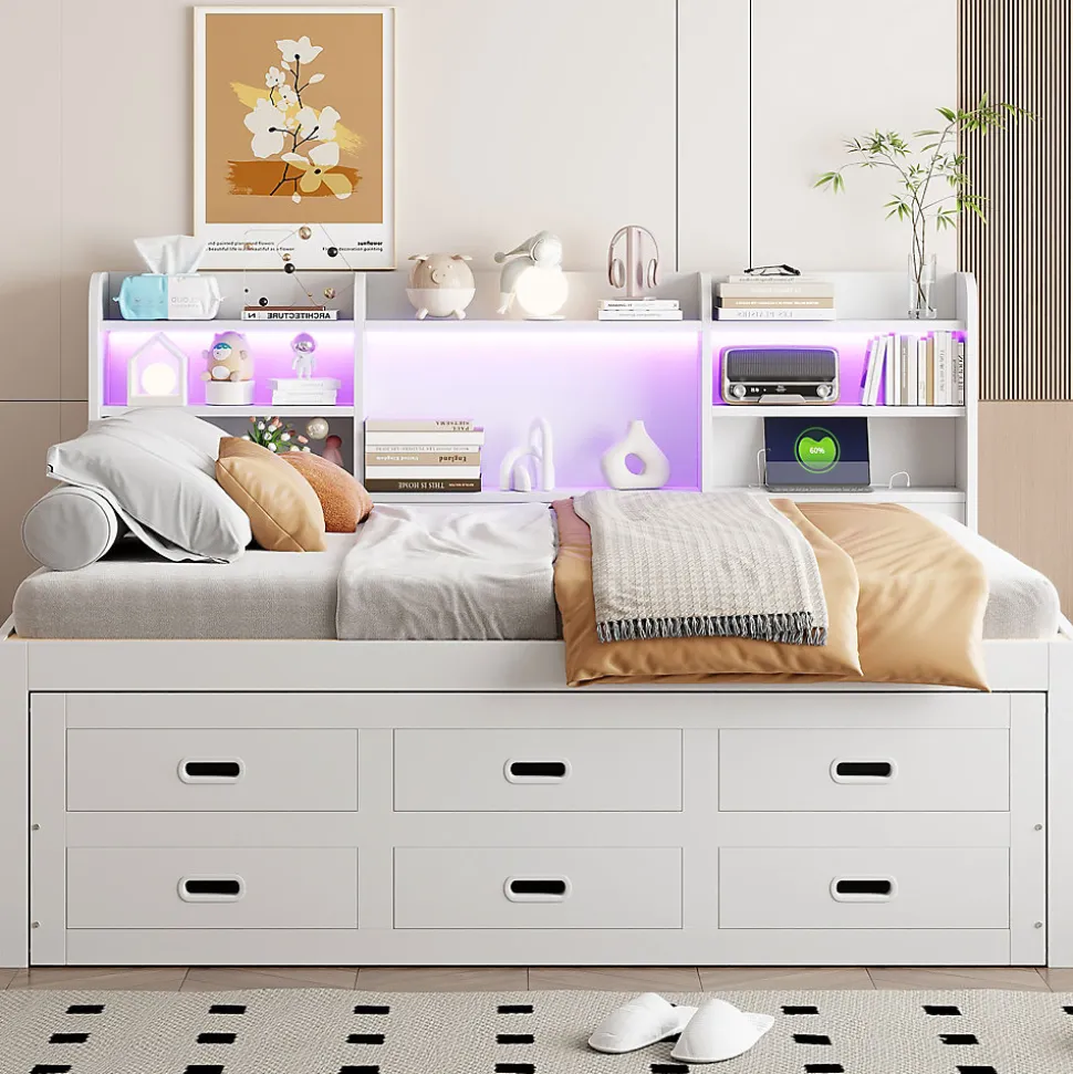 Lit Gigogne 140x200 cm, Lit Tiroir et 3 Tiroirs Multifonction avec LED Télécommande et Ports USB Type-C - Blanc, Sans Matelas