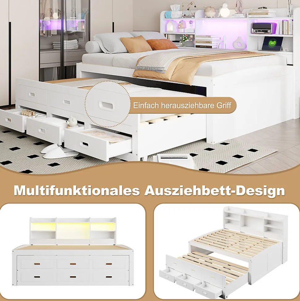 Lit Gigogne 140x200 cm, Lit Tiroir et 3 Tiroirs Multifonction avec LED Télécommande et Ports USB Type-C - Blanc, Sans Matelas