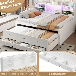 Lit Gigogne 140x200 cm, Lit Tiroir et 3 Tiroirs Multifonction avec LED Télécommande et Ports USB Type-C - Blanc, Sans Matelas
