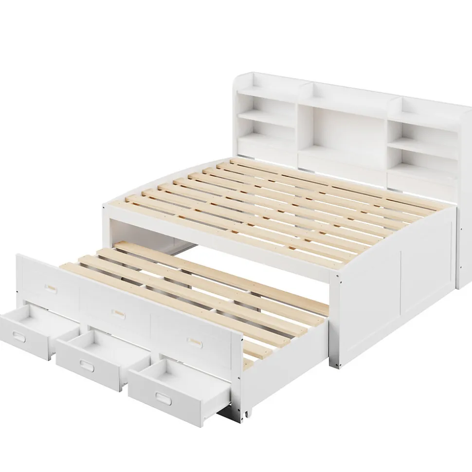 Lit Gigogne 140x200 cm, Lit Tiroir et 3 Tiroirs Multifonction avec LED Télécommande et Ports USB Type-C - Blanc, Sans Matelas