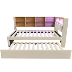 Lit Gigogne 90x200 cm pour enfant ou Ado, Lit 90x190 cm avec Port USB et Rangements Intégrés - Tissu Beige - Sans Matelas