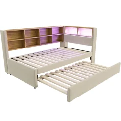 Lit Gigogne 90x200 cm pour enfant ou Ado, Lit 90x190 cm avec Port USB et Rangements Intégrés - Tissu Beige - Sans Matelas