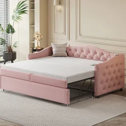 Lit Gigogne 90x200 cm, Tissu Lin Rose, Canapé Classique avec Boutons Décoratifs, Lit d'Appoint Multifonction - Sans Matelas