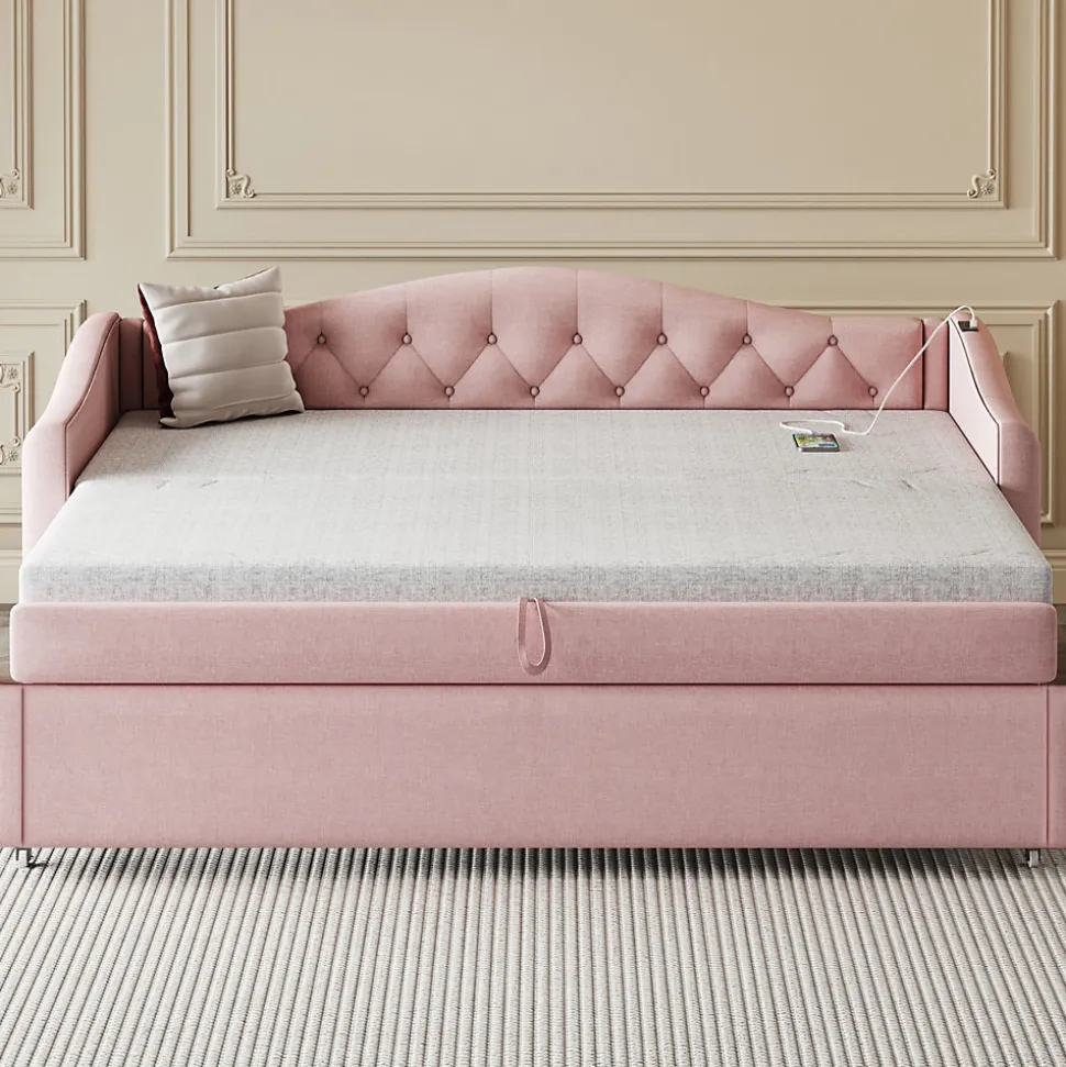 Lit Gigogne 90x200 cm, Tissu Lin Rose, Canapé Classique avec Boutons Décoratifs, Lit d'Appoint Multifonction - Sans Matelas