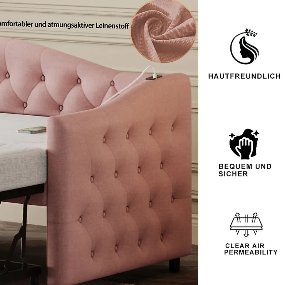 Lit Gigogne 90x200 cm, Tissu Lin Rose, Canapé Classique avec Boutons Décoratifs, Lit d'Appoint Multifonction - Sans Matelas