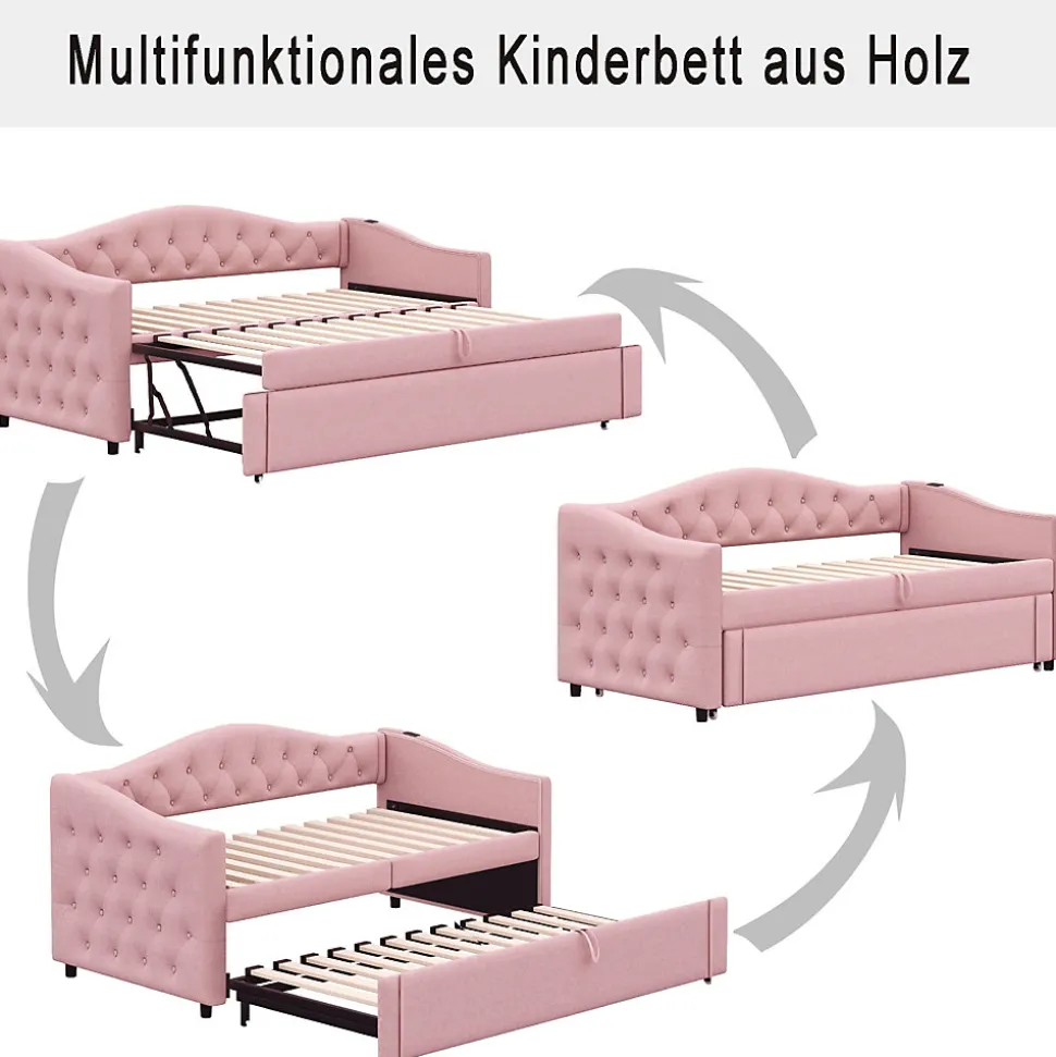 Lit Gigogne 90x200 cm, Tissu Lin Rose, Canapé Classique avec Boutons Décoratifs, Lit d'Appoint Multifonction - Sans Matelas