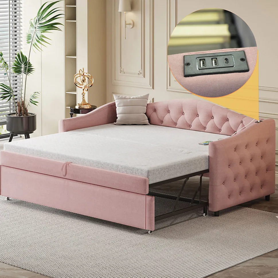 Lit Gigogne 90x200 cm, Tissu Lin Rose, Canapé Classique avec Boutons Décoratifs, Lit d'Appoint Multifonction - Sans Matelas