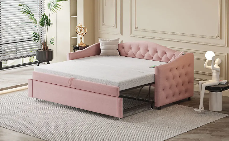 Lit Gigogne 90x200 cm, Tissu Lin Rose, Canapé Classique avec Boutons Décoratifs, Lit d'Appoint Multifonction - Sans Matelas