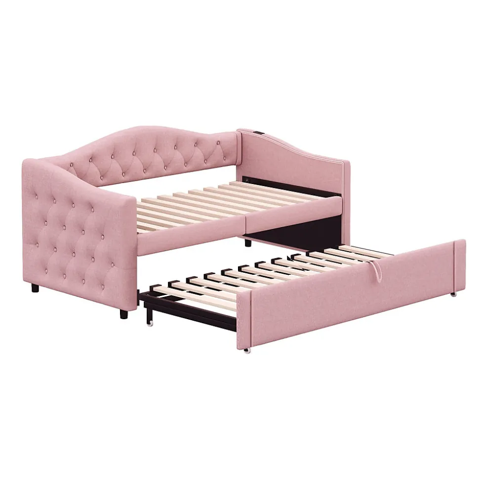 Lit Gigogne 90x200 cm, Tissu Lin Rose, Canapé Classique avec Boutons Décoratifs, Lit d'Appoint Multifonction - Sans Matelas