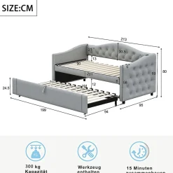 Lit Gigogne 90x200 cm, Tissu Lin Gris, Canapé Classique avec Boutons Décoratifs, Lit d'Appoint Multifonction - Sans Matelas