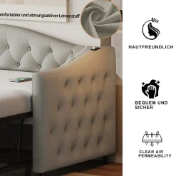 Lit Gigogne 90x200 cm, Tissu Lin Gris, Canapé Classique avec Boutons Décoratifs, Lit d'Appoint Multifonction - Sans Matelas