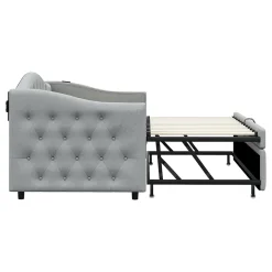 Lit Gigogne 90x200 cm, Tissu Lin Gris, Canapé Classique avec Boutons Décoratifs, Lit d'Appoint Multifonction - Sans Matelas