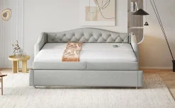 Lit Gigogne 90x200 cm, Tissu Lin Gris, Canapé Classique avec Boutons Décoratifs, Lit d'Appoint Multifonction - Sans Matelas