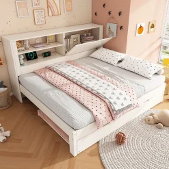 Lit Gigogne 90/140x190 cm, Tête de Lit Rangement et Compartiment Ouvert, USB/USB-C - MDF/Contreplaqué/Panneaux de Particules Blanc