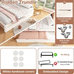 Lit Gigogne 90/140x190 cm, Tête de Lit Rangement et Compartiment Ouvert, USB/USB-C - MDF/Contreplaqué/Panneaux de Particules Blanc