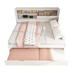 Lit Gigogne 90/140x190 cm, Tête de Lit Rangement et Compartiment Ouvert, USB/USB-C - MDF/Contreplaqué/Panneaux de Particules Blanc