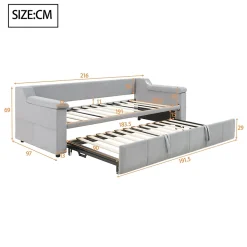 Lit Gigogne 90/180x190 cm, Velours Gris Clair, avec Port USB, Rangement Intégré, Accoudoirs Larges, Système Audio Bluetooth