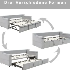 Lit Gigogne 90/180x190 cm, Velours Gris Clair, avec Port USB, Rangement Intégré, Accoudoirs Larges, Système Audio Bluetooth