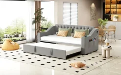 Lit Gigogne 90x190 cm, Velours Gris, Lit Multifonction avec Port USB, Accoudoirs avec Rangement - Sans Matelas